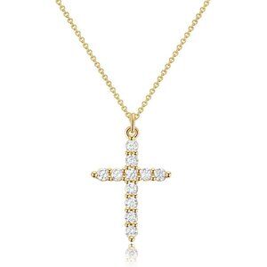 Women's B CZ Cross, Gold 14K Gold Plated Crown Cross Necklace Non-Tarnish Faith